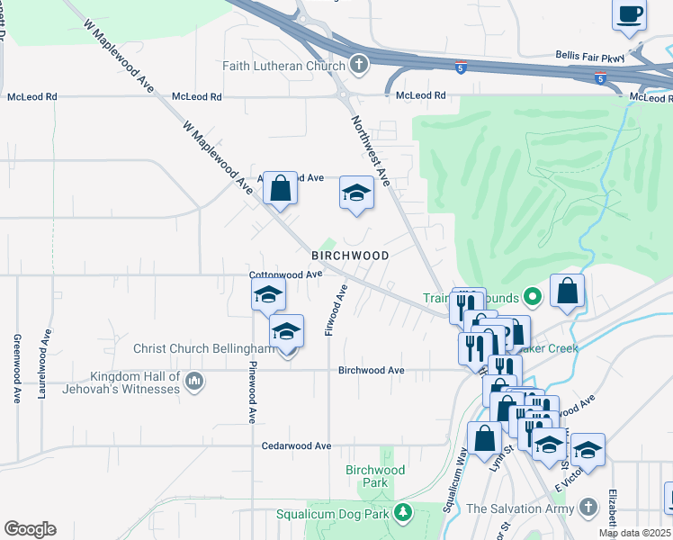 map of restaurants, bars, coffee shops, grocery stores, and more near 2720 West Maplewood Avenue in Bellingham