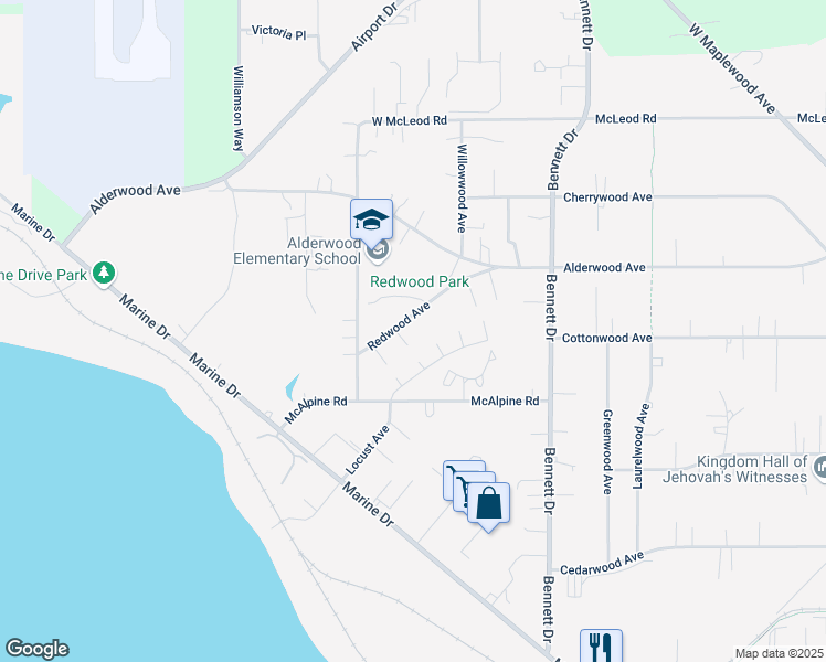 map of restaurants, bars, coffee shops, grocery stores, and more near 3435 Redwood Avenue in Bellingham