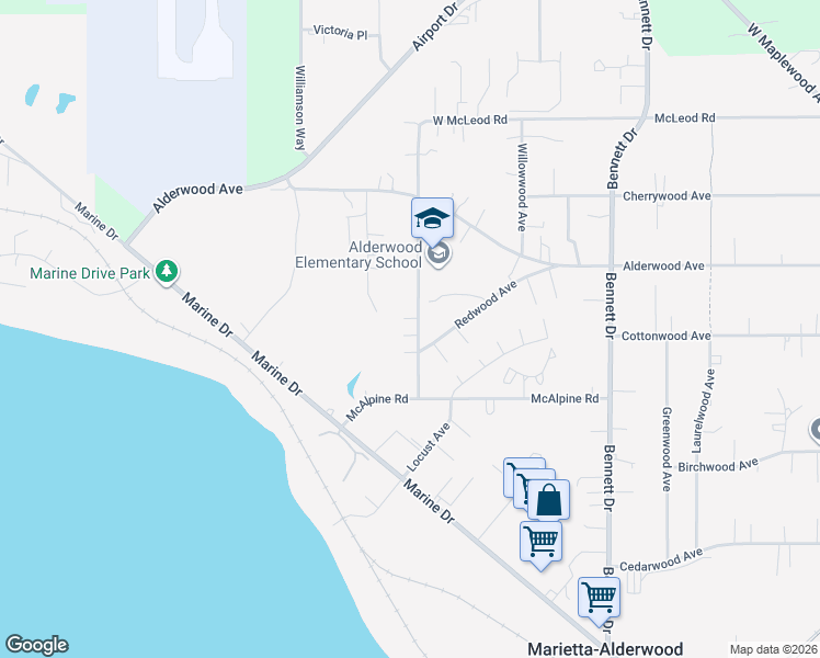 map of restaurants, bars, coffee shops, grocery stores, and more near 3300 Hollywood Avenue in Bellingham
