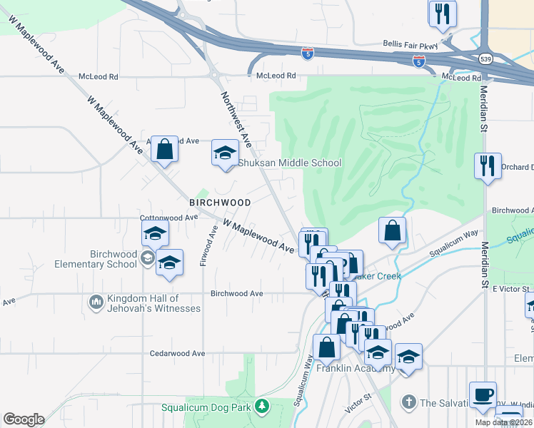 map of restaurants, bars, coffee shops, grocery stores, and more near 3327 Northwest Avenue in Bellingham