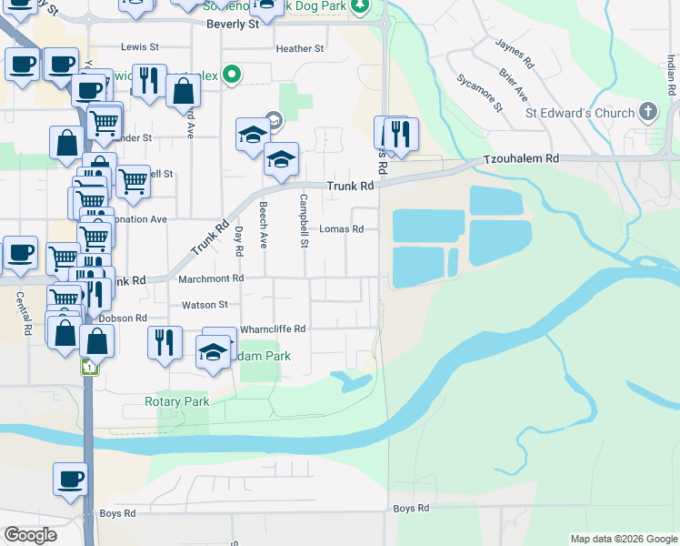 map of restaurants, bars, coffee shops, grocery stores, and more near 1061 Marchmont Road in Duncan
