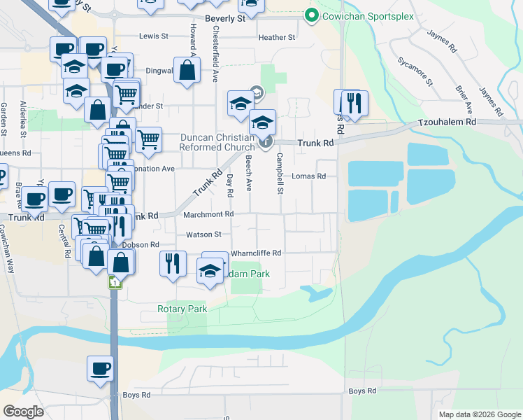 map of restaurants, bars, coffee shops, grocery stores, and more near 921 Marchmont Road in Duncan