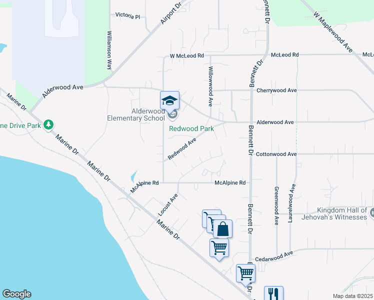 map of restaurants, bars, coffee shops, grocery stores, and more near 3435 Redwood Avenue in Bellingham
