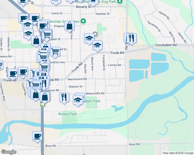 map of restaurants, bars, coffee shops, grocery stores, and more near 917 Marchmont Road in Duncan