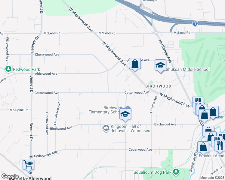 map of restaurants, bars, coffee shops, grocery stores, and more near 2914 Cottonwood Avenue in Bellingham
