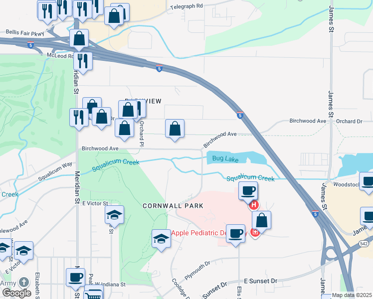 map of restaurants, bars, coffee shops, grocery stores, and more near 205 Birchwood Avenue in Bellingham