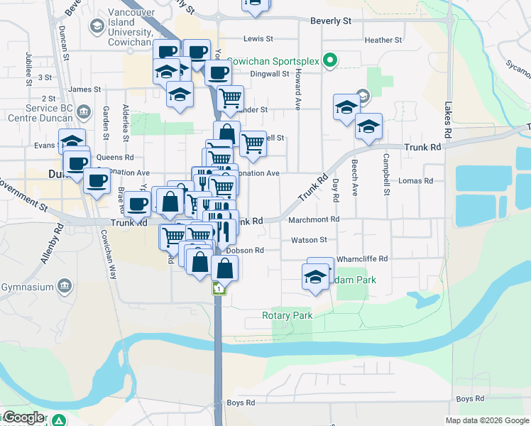map of restaurants, bars, coffee shops, grocery stores, and more near 671 Trunk Road in Duncan
