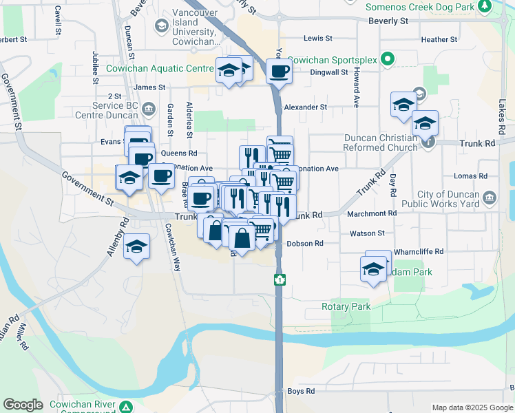 map of restaurants, bars, coffee shops, grocery stores, and more near 435 Trunk Road in Duncan