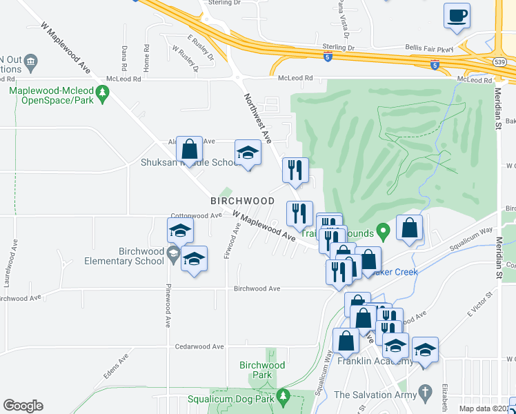 map of restaurants, bars, coffee shops, grocery stores, and more near 3303 Hilda Lane in Bellingham