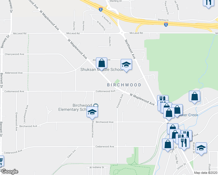 map of restaurants, bars, coffee shops, grocery stores, and more near 2822 Cottonwood Avenue in Bellingham