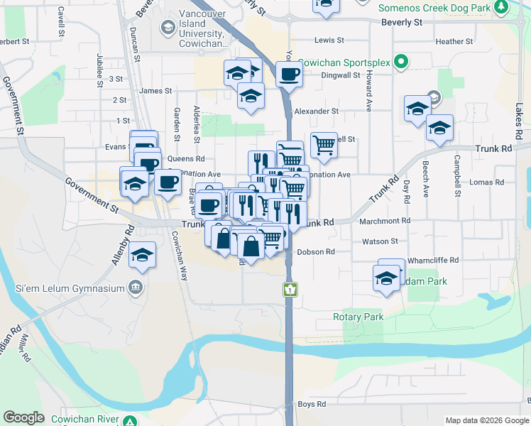 map of restaurants, bars, coffee shops, grocery stores, and more near 435 Trunk Road in Duncan