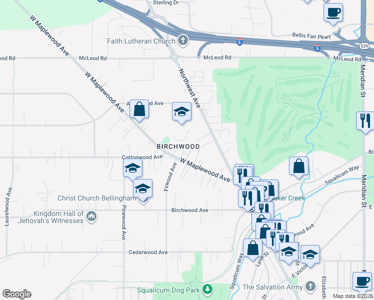 map of restaurants, bars, coffee shops, grocery stores, and more near 2720 West Maplewood Avenue in Bellingham