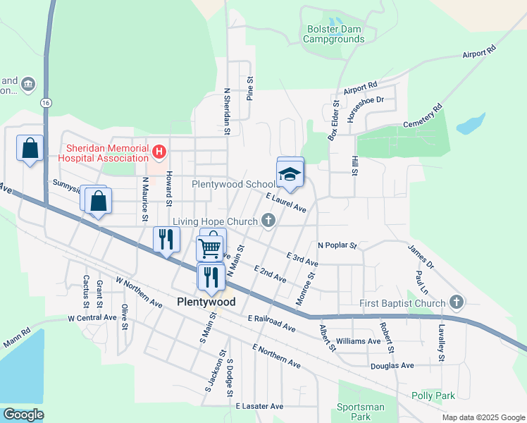 map of restaurants, bars, coffee shops, grocery stores, and more near 325 North Main Street in Plentywood