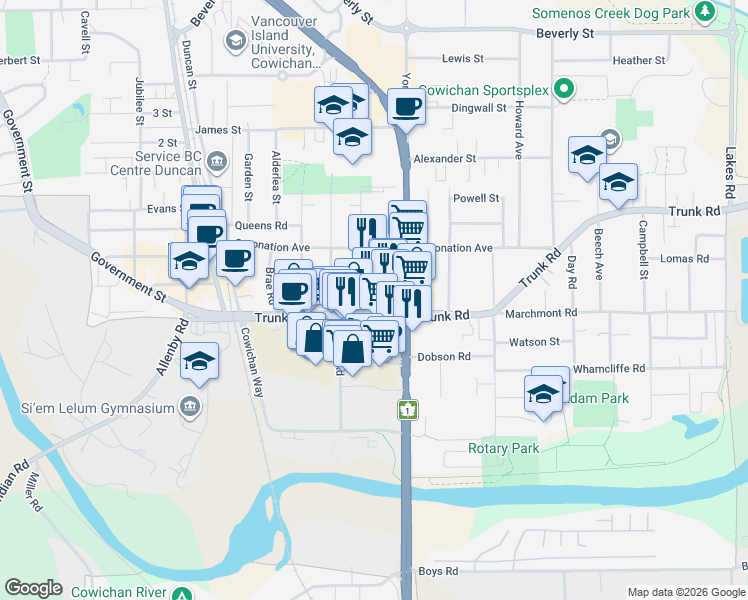 map of restaurants, bars, coffee shops, grocery stores, and more near 435 Trunk Road in Duncan