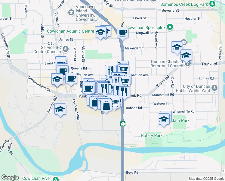 map of restaurants, bars, coffee shops, grocery stores, and more near 435 Trunk Road in Duncan