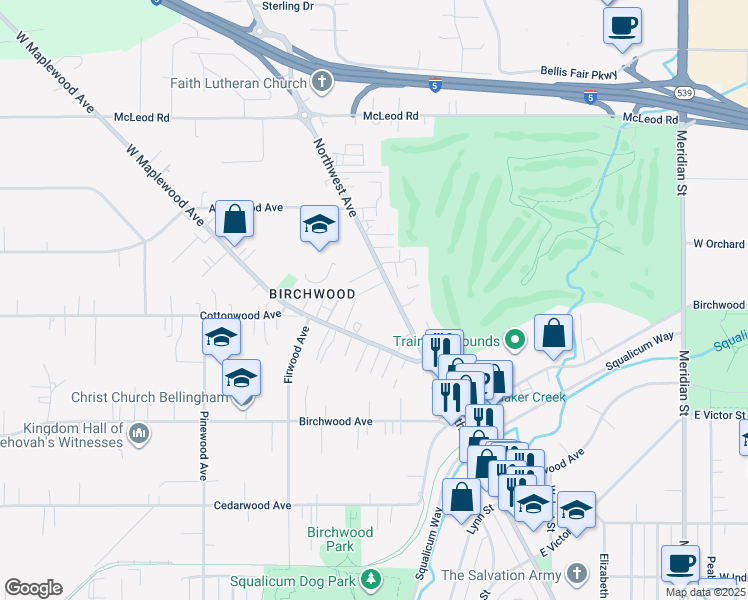 map of restaurants, bars, coffee shops, grocery stores, and more near 3327 Northwest Avenue in Bellingham