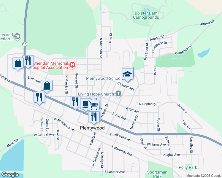 map of restaurants, bars, coffee shops, grocery stores, and more near 325 North Main Street in Plentywood
