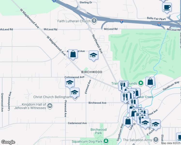 map of restaurants, bars, coffee shops, grocery stores, and more near 2720 West Maplewood Avenue in Bellingham