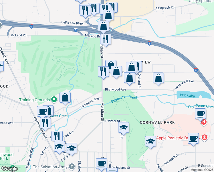 map of restaurants, bars, coffee shops, grocery stores, and more near 3424 Meridian Street in Bellingham