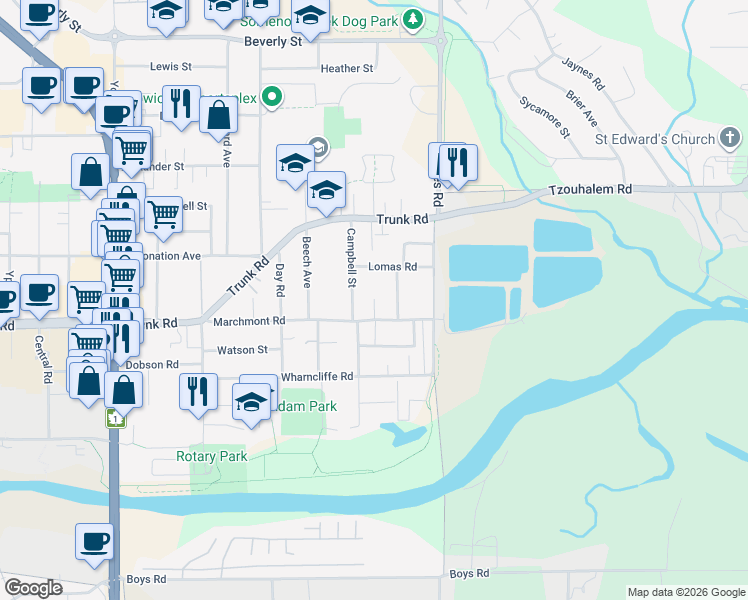 map of restaurants, bars, coffee shops, grocery stores, and more near 1061 Marchmont Road in Duncan