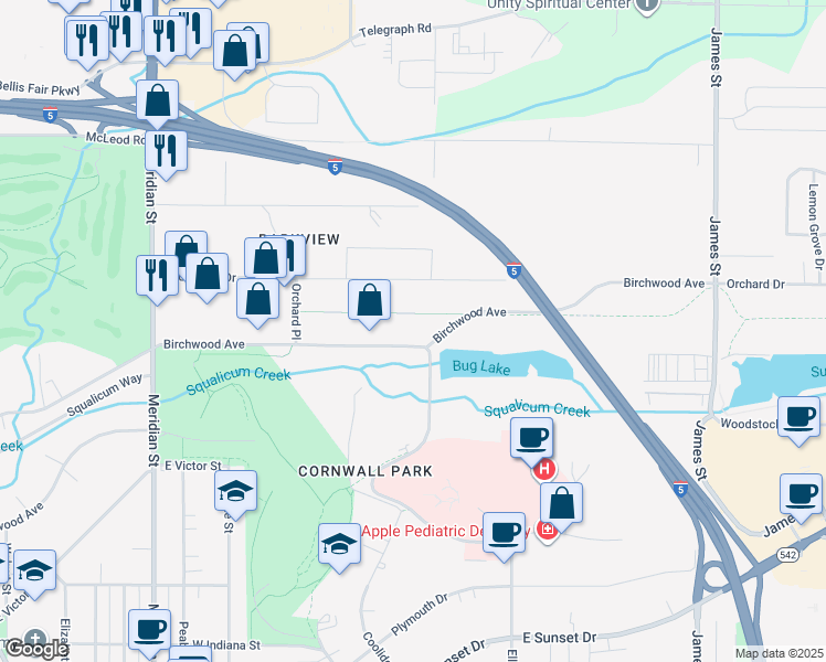 map of restaurants, bars, coffee shops, grocery stores, and more near 205 Birchwood Avenue in Bellingham