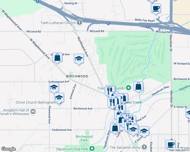 map of restaurants, bars, coffee shops, grocery stores, and more near 3327 Northwest Avenue in Bellingham