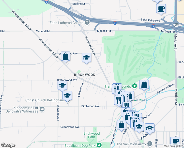 map of restaurants, bars, coffee shops, grocery stores, and more near 3303 Hilda Lane in Bellingham