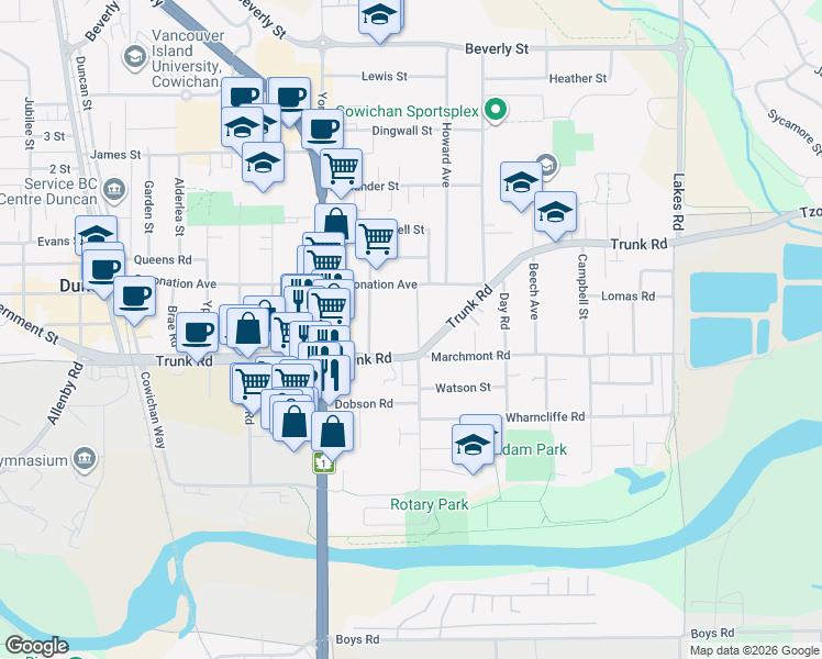 map of restaurants, bars, coffee shops, grocery stores, and more near 671 Trunk Road in Duncan