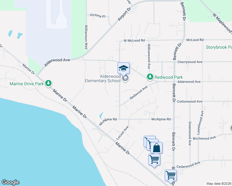 map of restaurants, bars, coffee shops, grocery stores, and more near 3300 Hollywood Avenue in Bellingham