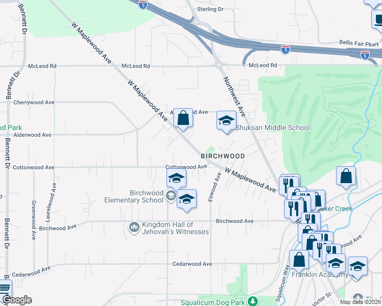 map of restaurants, bars, coffee shops, grocery stores, and more near 2819 West Maplewood Avenue in Bellingham