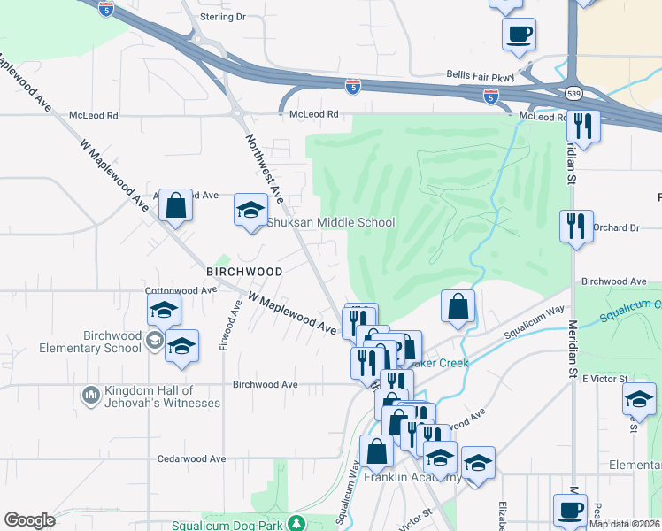 map of restaurants, bars, coffee shops, grocery stores, and more near 3330 Northwest Avenue in Bellingham
