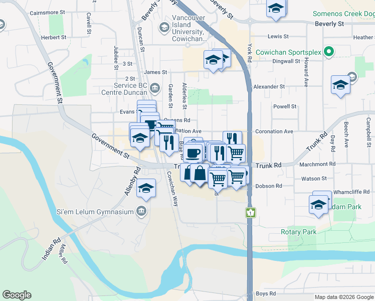 map of restaurants, bars, coffee shops, grocery stores, and more near 187 Trunk Road in Duncan