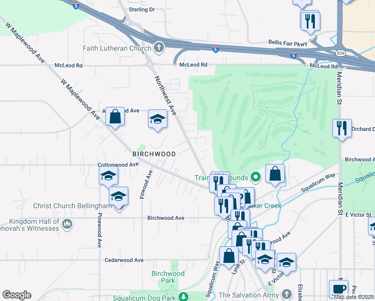 map of restaurants, bars, coffee shops, grocery stores, and more near 3347 Northwest Avenue in Bellingham