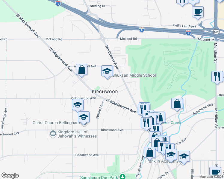 map of restaurants, bars, coffee shops, grocery stores, and more near 3303 Hilda Lane in Bellingham