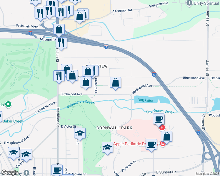 map of restaurants, bars, coffee shops, grocery stores, and more near 500 Birchwood Avenue in Bellingham