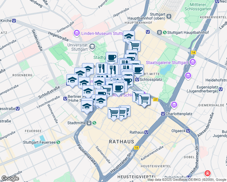 map of restaurants, bars, coffee shops, grocery stores, and more near 3 Theodor-Heuss-Straße in Stuttgart