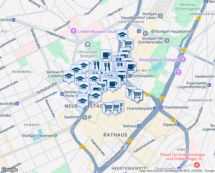 map of restaurants, bars, coffee shops, grocery stores, and more near 3 Theodor-Heuss-Straße in Stuttgart