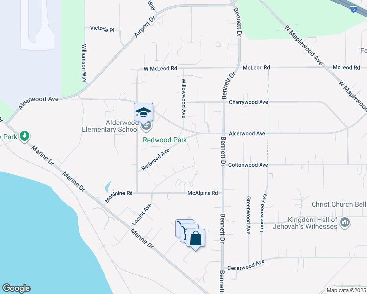 map of restaurants, bars, coffee shops, grocery stores, and more near 3401 Redwood Avenue in Bellingham