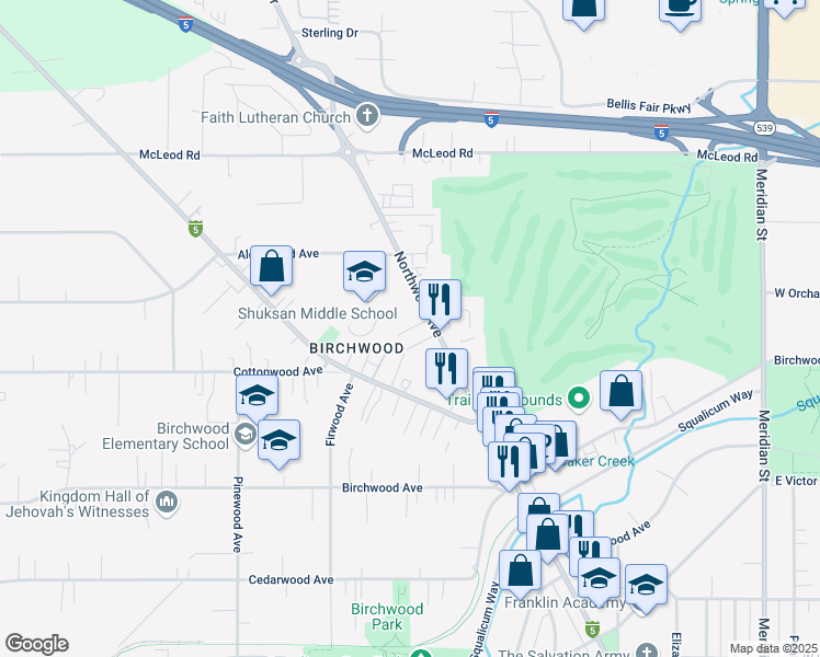 map of restaurants, bars, coffee shops, grocery stores, and more near 3409 Northwest Avenue in Bellingham