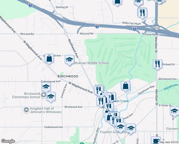 map of restaurants, bars, coffee shops, grocery stores, and more near 3356 Northwest Avenue in Bellingham