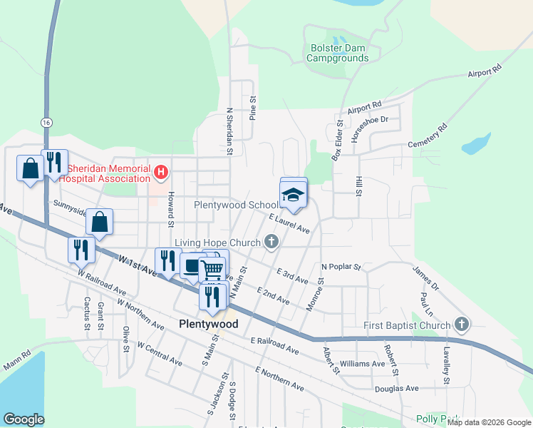 map of restaurants, bars, coffee shops, grocery stores, and more near 100 West Laurel Avenue in Plentywood