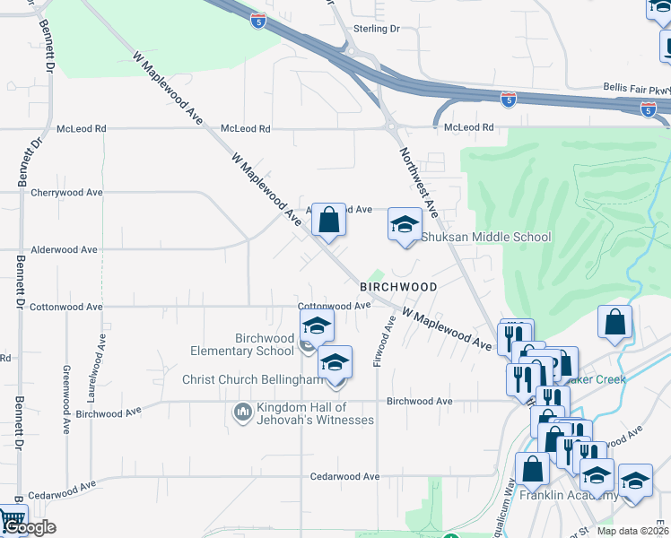 map of restaurants, bars, coffee shops, grocery stores, and more near 2823 West Maplewood Avenue in Bellingham