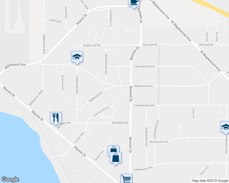 map of restaurants, bars, coffee shops, grocery stores, and more near 3315 Redwood Avenue in Bellingham