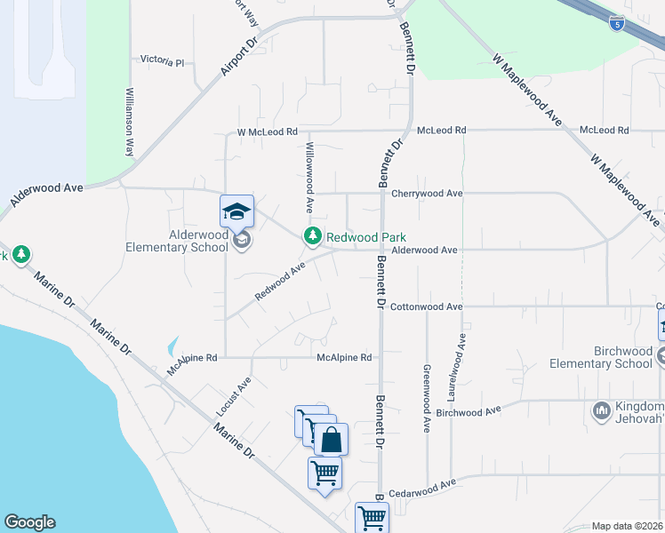 map of restaurants, bars, coffee shops, grocery stores, and more near 3315 Redwood Avenue in Bellingham