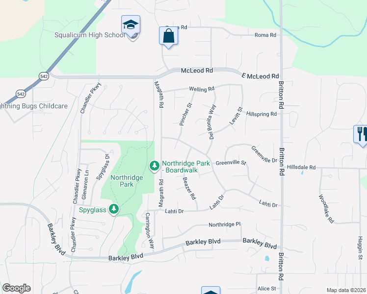 map of restaurants, bars, coffee shops, grocery stores, and more near 3808 Spring Coulee Road in Bellingham