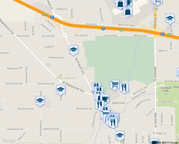 map of restaurants, bars, coffee shops, grocery stores, and more near 3378 Northwest Avenue in Bellingham