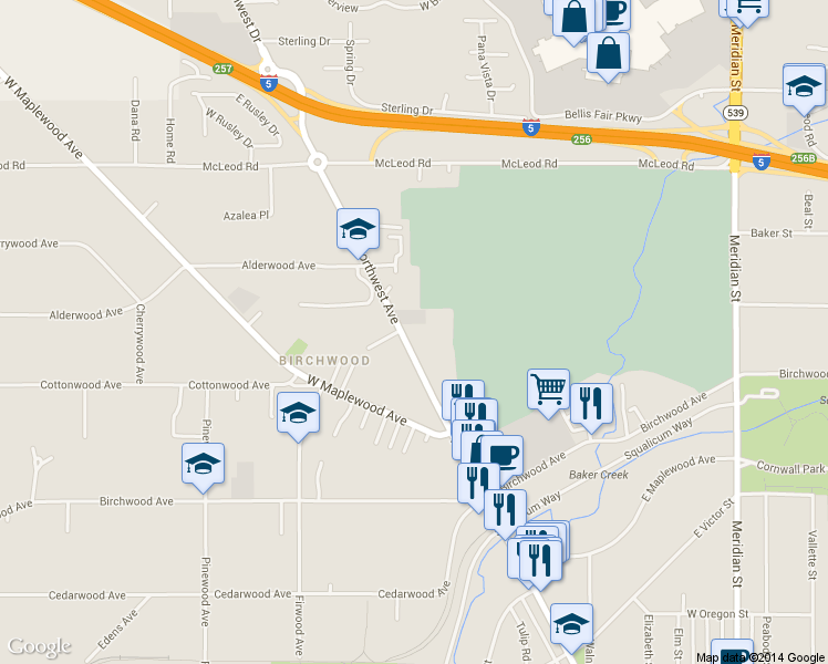 map of restaurants, bars, coffee shops, grocery stores, and more near 3343 Northwest Avenue in Bellingham