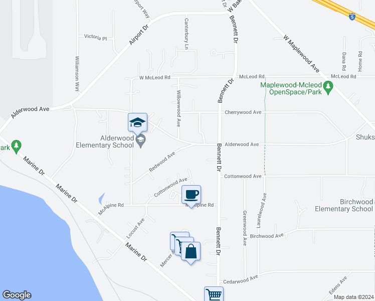 map of restaurants, bars, coffee shops, grocery stores, and more near 3315 Redwood Avenue in Bellingham