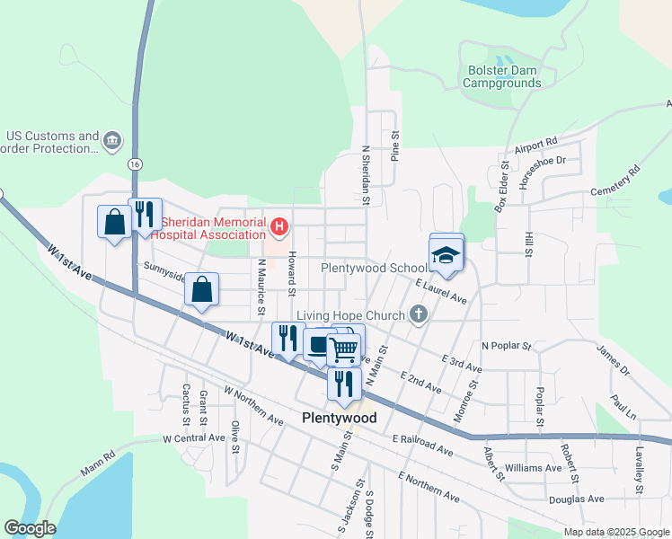 map of restaurants, bars, coffee shops, grocery stores, and more near 223 West Laurel Avenue in Plentywood
