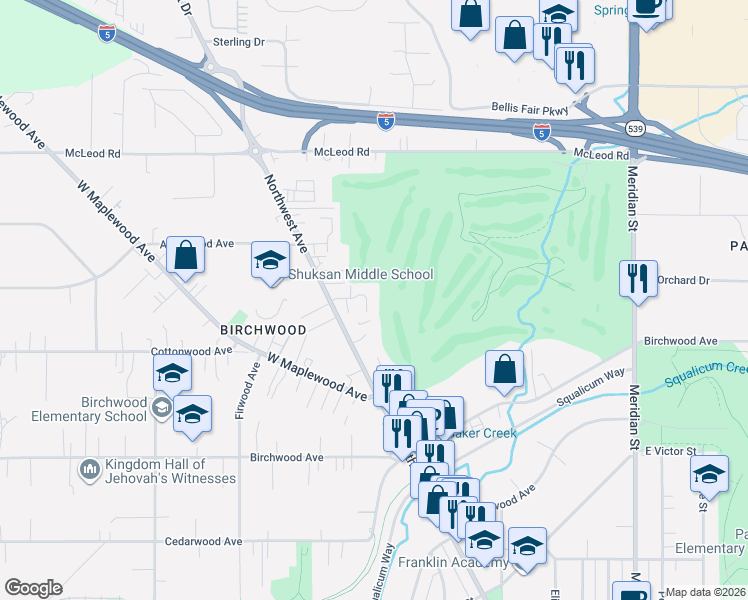 map of restaurants, bars, coffee shops, grocery stores, and more near 3378 Northwest Avenue in Bellingham